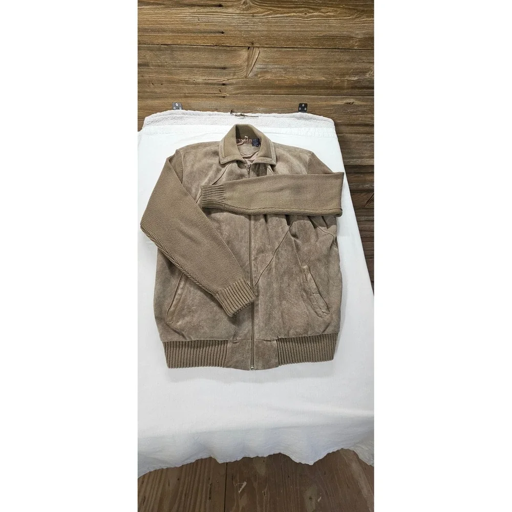 Vintage Leather Suede Knit Bomber Jacket Mens XLT Brown Full Zip Mixed Media